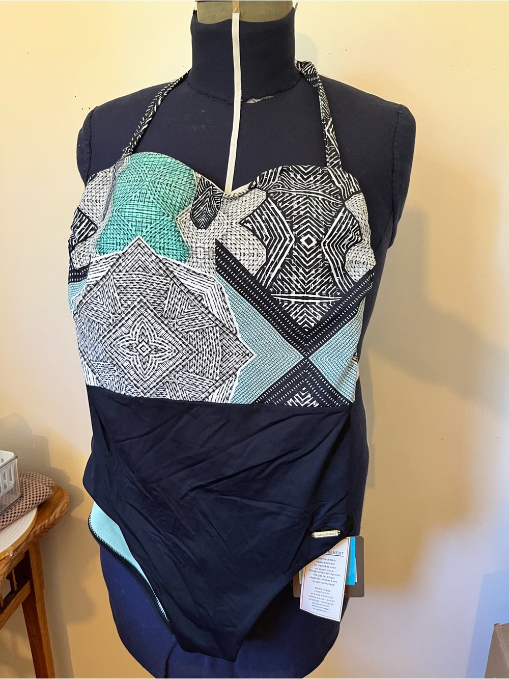 Women's Black & Aqua Patterned One-Piece Swimsuit